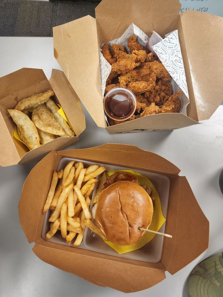 Chicken sandwich combo with boneless chicken and dumplings
